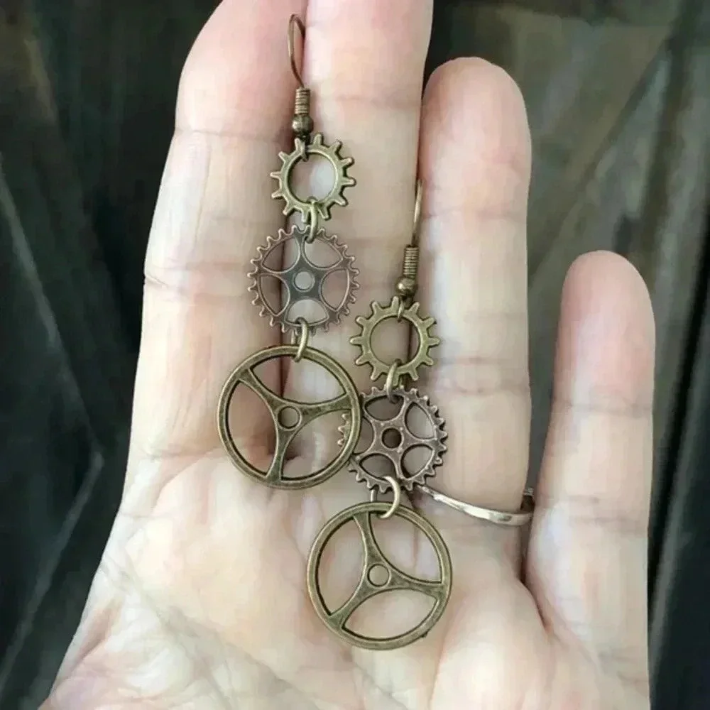 Steampunk Cosplay Simple Gear Bronze Drop Earrings Handmade NWT